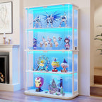 BROTTAR Large Rounded Display Cabinet with Glass Door, 4-Tier Curio Cabinet with 3 Color Lights for Collectibles, Glass Display Case with Transparent Full-Display Surface, Human Body Sensor, White