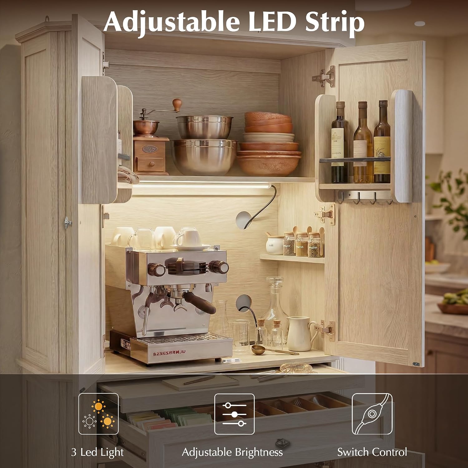 72.2" Tall Kitchen Pantry Cabinet with Doors, Farmhouse Storage Cabinet with Charging Station & LED Light, Drawer, Adjustable Shelves and Pull-Out Shelves, White Wood Pantry Cupboard for Dining Room