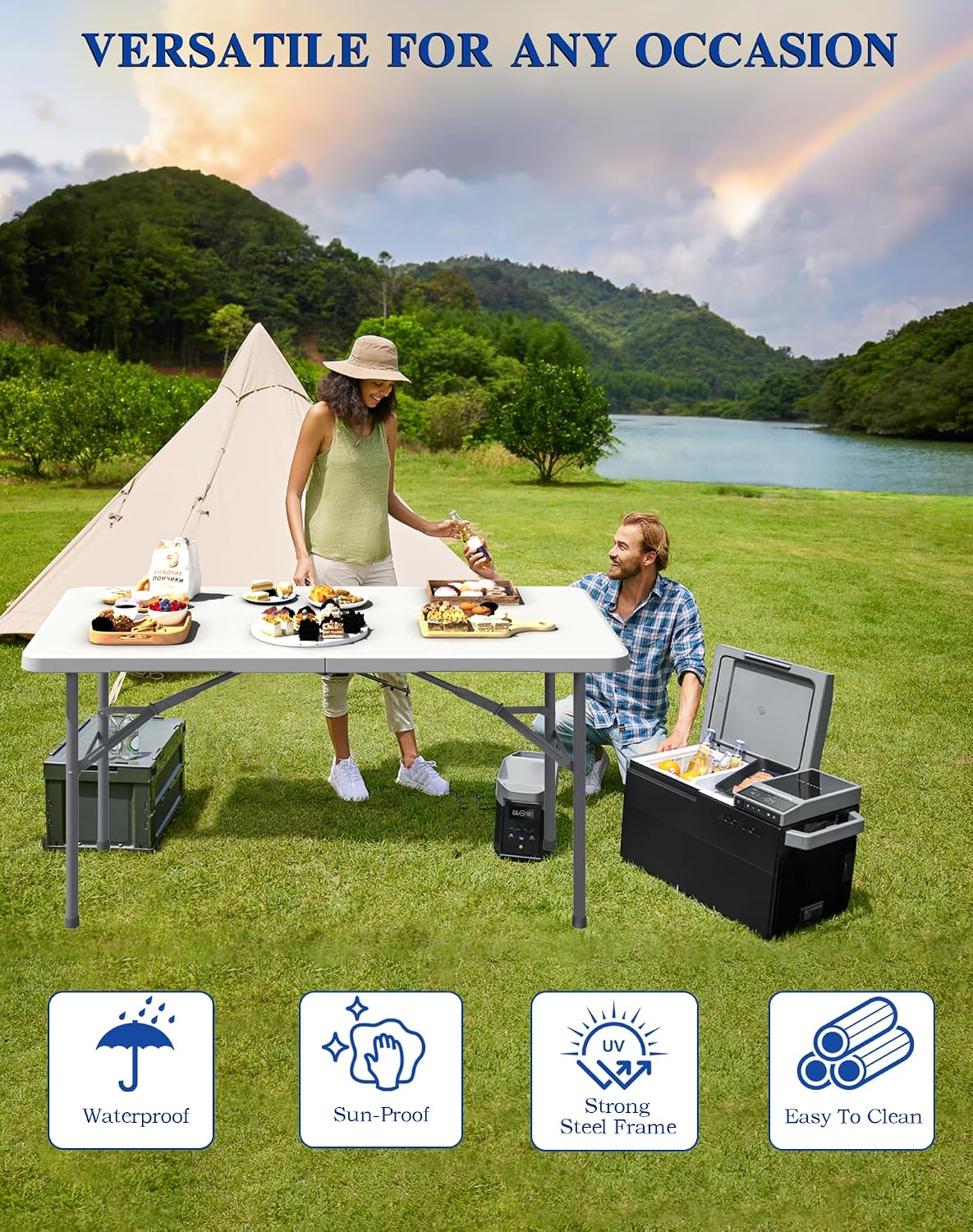 4FT Folding Tables – Heavy Duty Portable Foldable Picnic Table with Built-in Handle, 450 lb Capacity – Ideal for Events, Parties, Crafts, Camping & Dining (4-Pack, White)