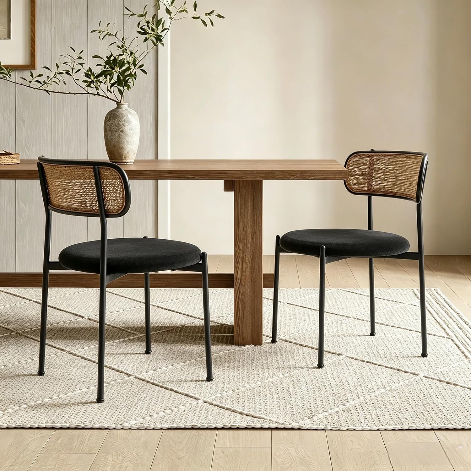 Rattan Dining Chairs Set of 2, Velvet Mid-Century Modern Upholstered Dining Chairs with Woven Cane Backrest, Black Kitchen Dining Room Chairs