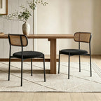 Rattan Dining Chairs Set of 4, Velvet Mid-Century Modern Upholstered Dining Chairs with Woven Cane Backrest, Black Kitchen Dining Room Chairs