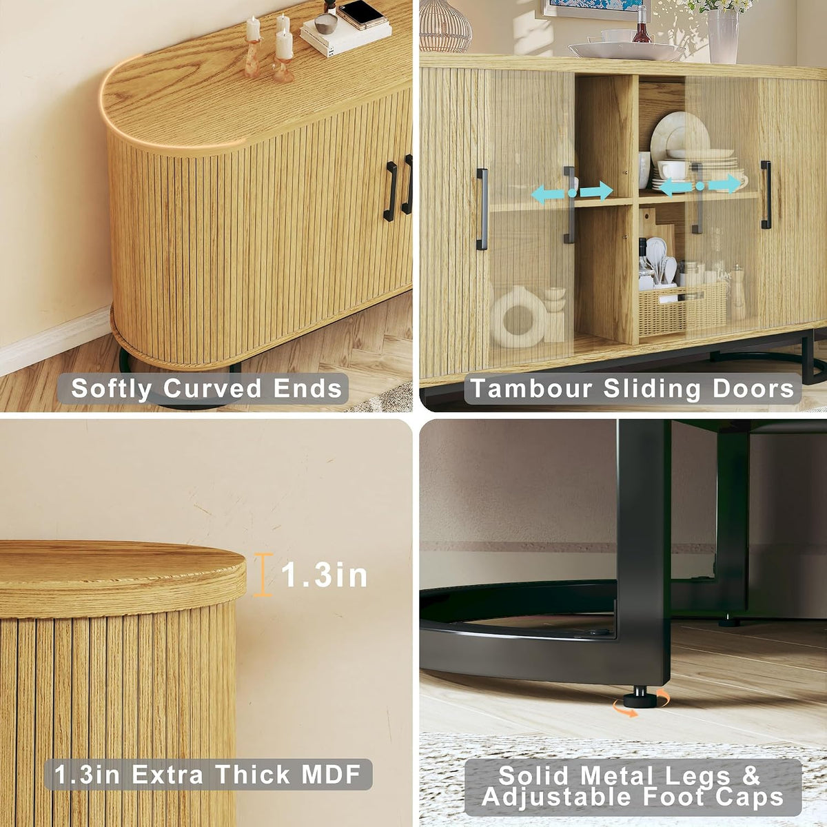 HUAHUU Sideboard Buffet Cabinet with Storage, 47.2" Fluted Storage Cabinet with Sliding Door & Adjustable Shelf, Modern Accent Coffee Bar Console Cabinet for Living Room Kitchen, Natural Oak
