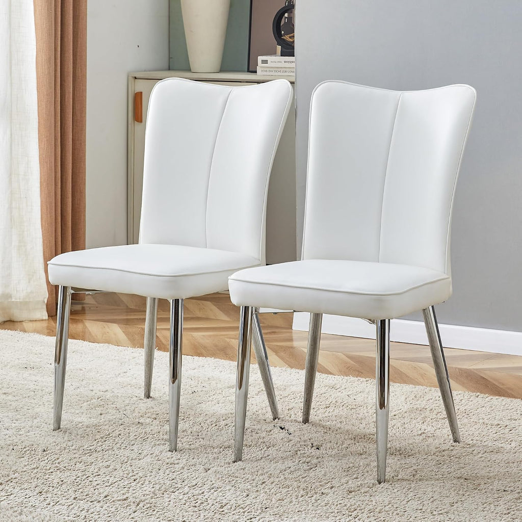 Dining Room Chairs Set - 2x Modern Faux Leather High Back Armless Chairs, Chrome Legs, Upholstered for Home, Living Room