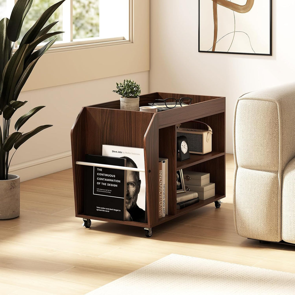 Giantex Rolling End Table with Storage, 3-Tier Side Table with Magazine Rack & Open Shelves, 4 Universal Wheels, Farmhouse Mobile Lateral Filing Cabinet for Study Living Room Bedroom