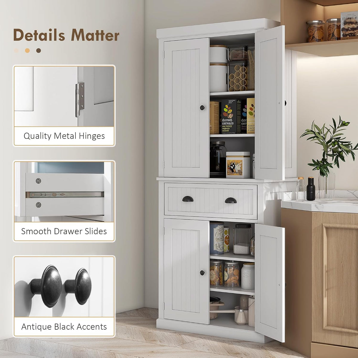 HOMCOM 72" Kitchen Pantry Cabinet Freestanding Tall Storage Cabinet White | Traditional Kitchen Pantry, 4 Doors, Drawer, 3 Adjustable Shelves, for Dining Room