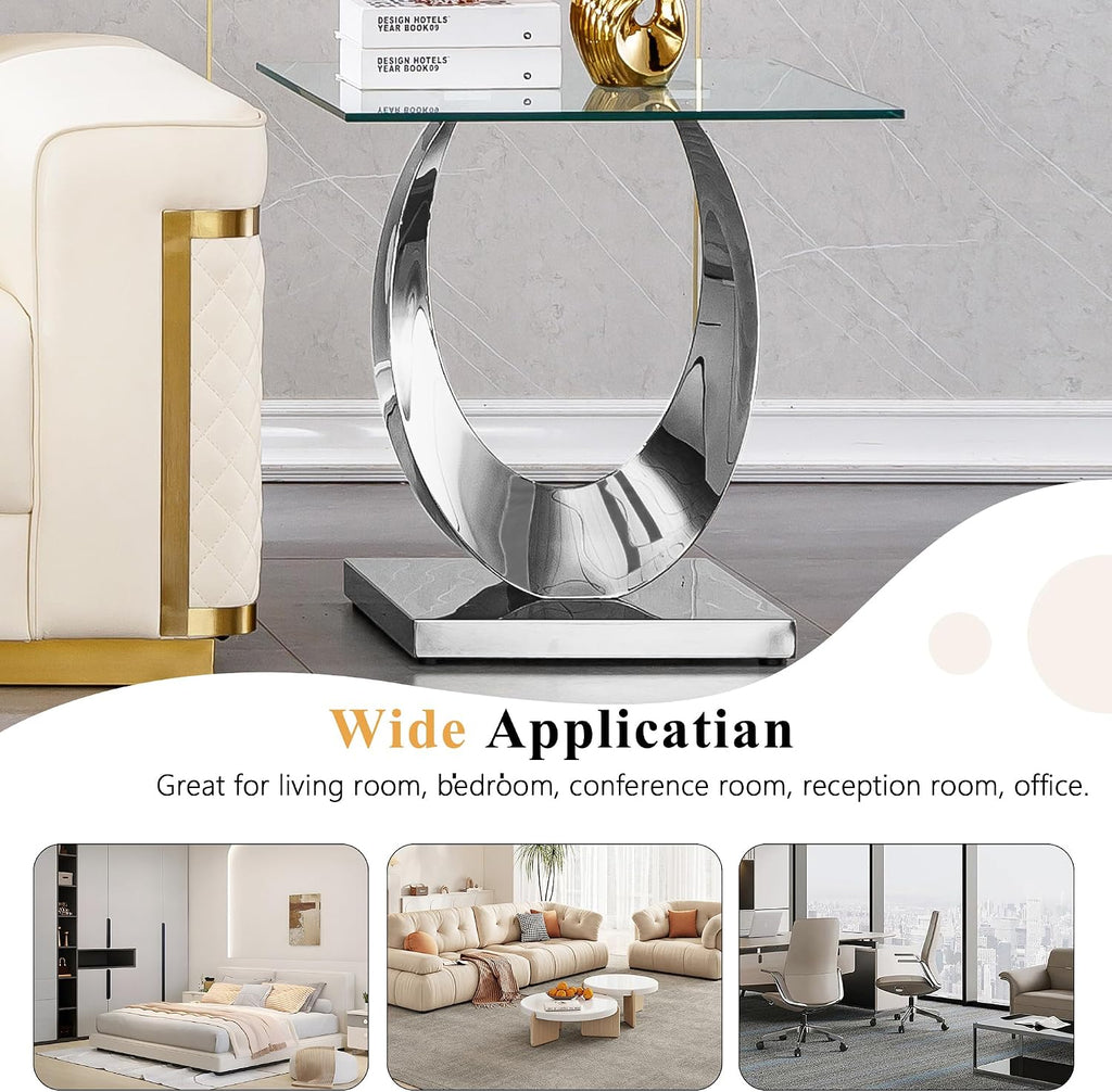Modern Square End Table for Living Room, Tempered Glass Top & Moon Shape Stainless Steel Base, Luxury Glass Sofa Side Bedside Table, Night Stand, Small Accent Table, Silver