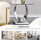 Modern Square End Table for Living Room, Tempered Glass Top & Moon Shape Stainless Steel Base, Luxury Glass Sofa Side Bedside Table, Night Stand, Small Accent Table, Silver