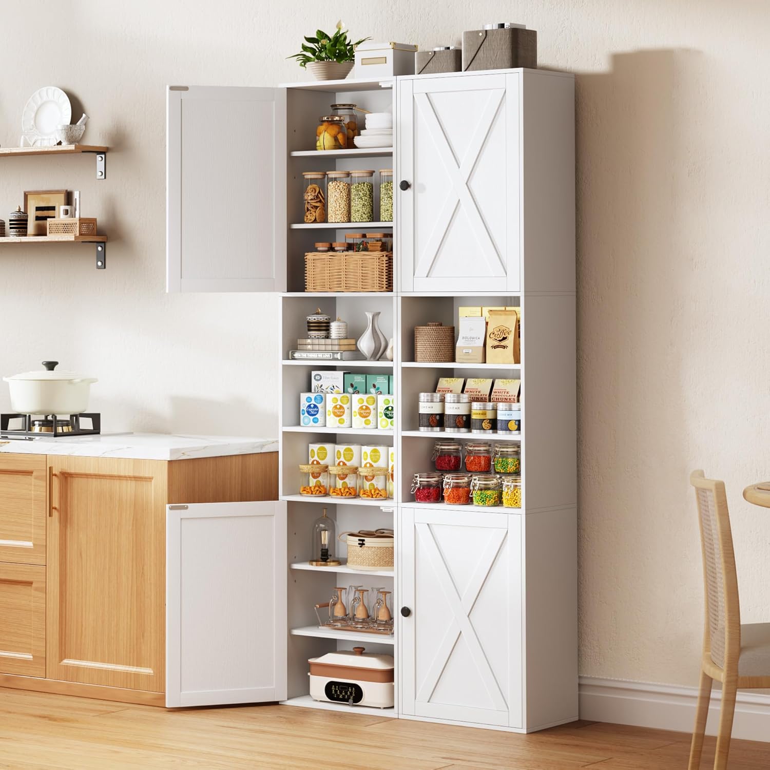 70.8" Tall Bathroom Storage Cabinet with 2 Barn Doors, Narrow Storage Cabinet with Adjustable Shelves & Open Compartments, Slim Floor Cabinet for Bathroom, Kitchen, Entryway, Living Room, White