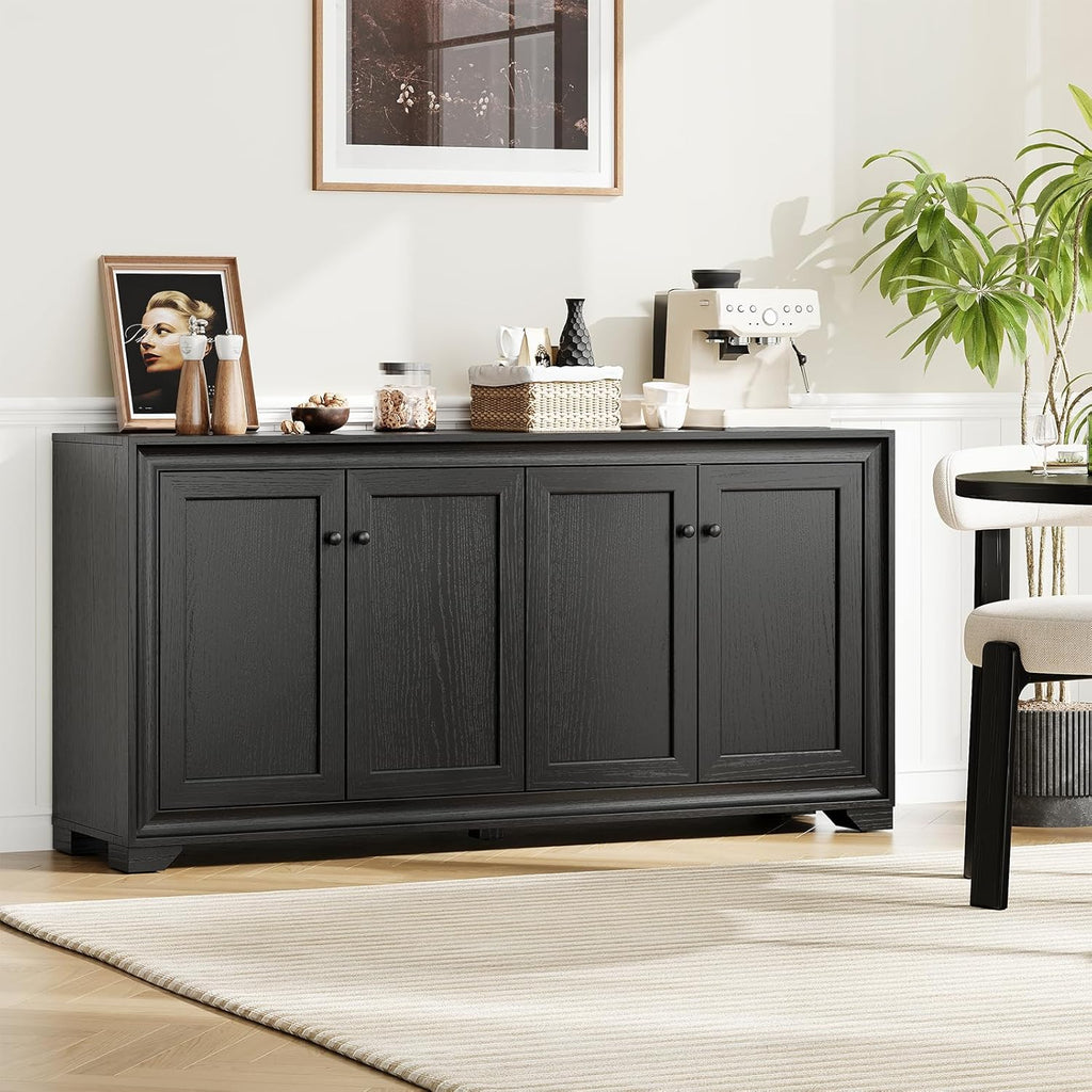 ONBRILL 60" Buffet Cabinet with Storage, 4 Doors Sideboard Buffet Cabinet with Adjustable Shelves, Modern Coffee Bar Console Table for Living Room, Kitchen, Entryway, Black