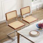 Rattan Dining Chairs Set of 2, Boho Modern Dining Chairs with Rattan Back, Curved Steel Base, Cantilever Kitchen Chairs for Kitchen, Living Room, Brown