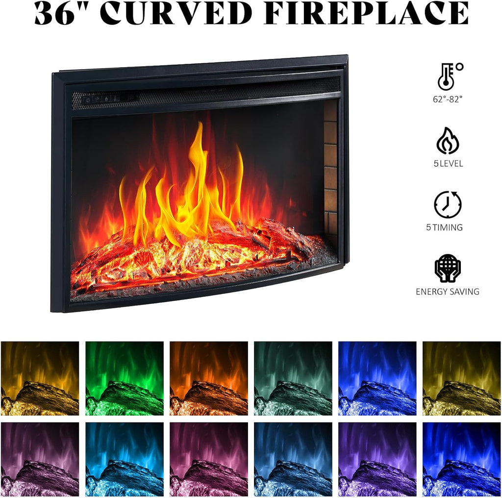 AMERLIFE 70" Fireplace TV Stand with 36'' Curved Electric Fireplace | Wash Gray LED TV Console, Farmhouse Living Room Entertainment Center, 2 Drawers & Adjustable Shelves, Fit TVs up to 80"