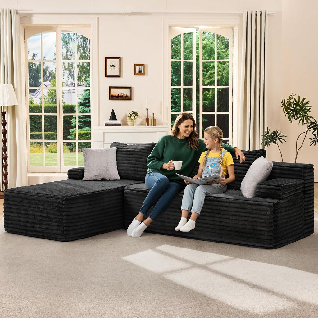 Hobestluk Couch Modular Sectional Sofa L-Shape Lounge Cloud Couch | Memory Foam,Washable Cover,No Assembly,Non-slip Base,Small Sectional Couches for Living Room | 96" Left Facing Chaise Black