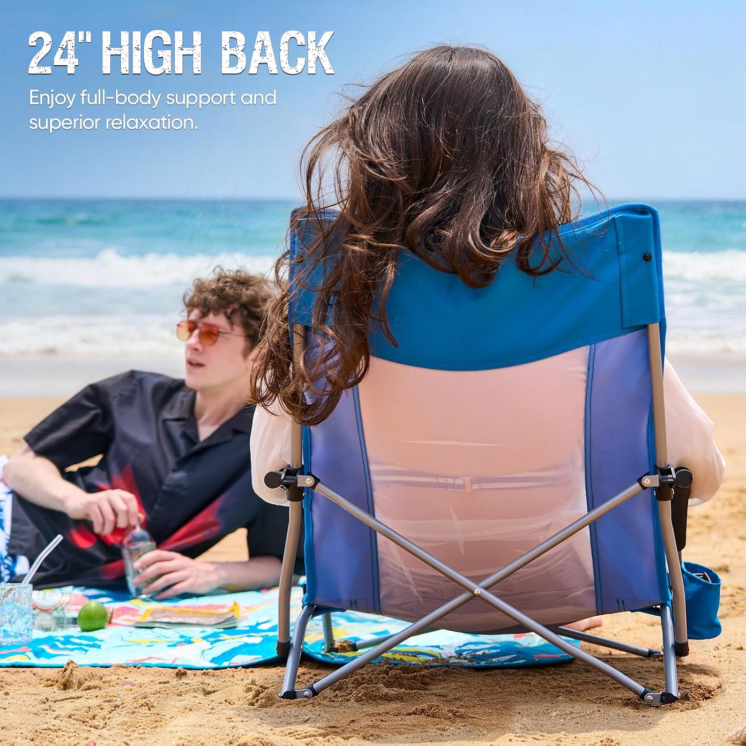 Old Bahama Bay Folding Beach Chair 2 Pack, Beach Chairs for Adults Low Beach Camping Chair with Cup Holder Mesh Back for Outdoor Fishing Sand Lawn, Supports up to 350lbs