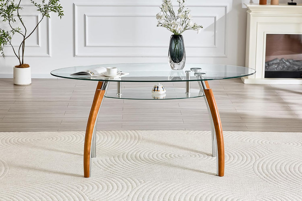 62.87" Glass Dining Table for 4-6, Modern Oval Dining Room Table with 0.39" Tempered Glass Top and Storage Shelf, Kitchen Dinner Table with Silver Electroplated Metal & Solid Rubber Wood Legs