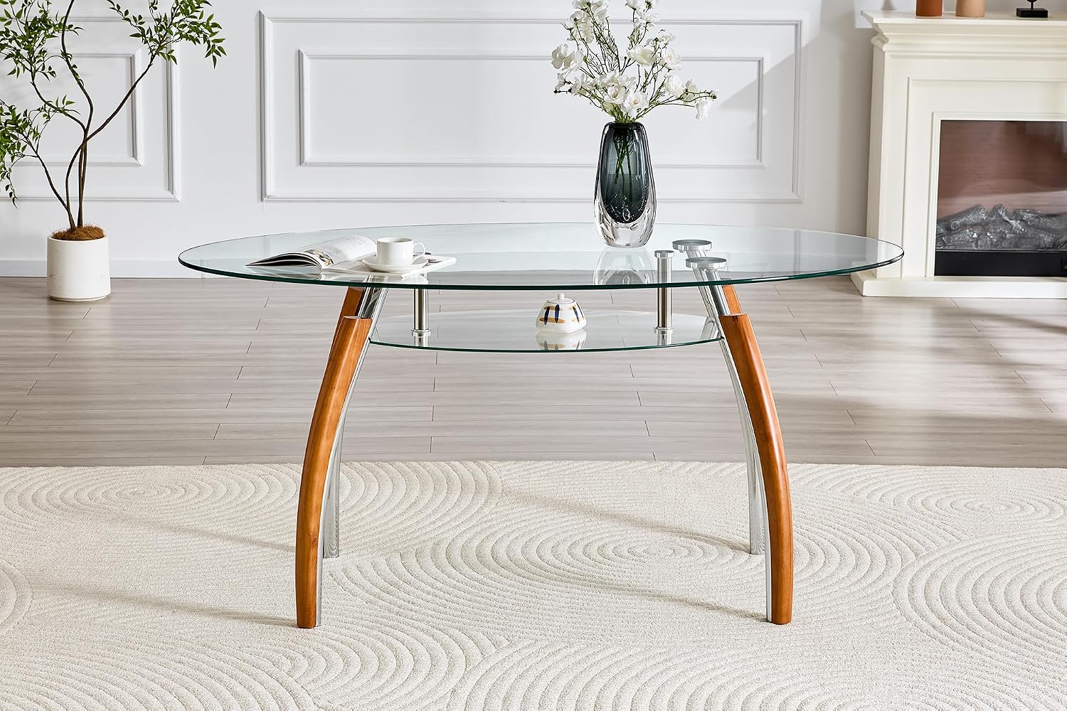 62.87" Glass Dining Table for 4-6, Modern Oval Dining Room Table with 0.39" Tempered Glass Top and Storage Shelf, Kitchen Dinner Table with Silver Electroplated Metal & Solid Rubber Wood Legs