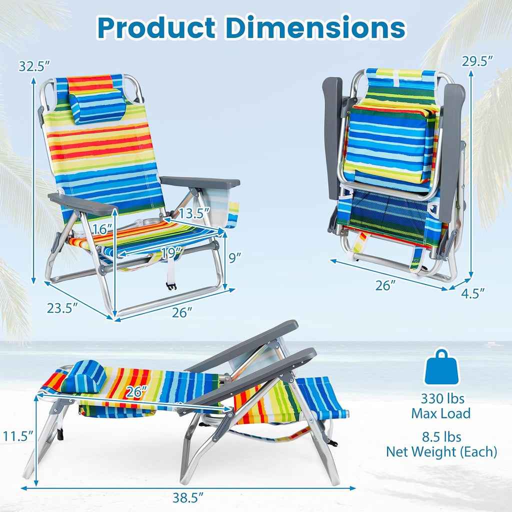 Goplus Beach Chair, Folding Backpack Beach Chairs for Adults w/Adjustable Positions, Head Pillow, Cooler Bag, Towel Bar, Cup Holders, Sunbath Sling Tanning Lounge, Folding Layout Camping Chairs