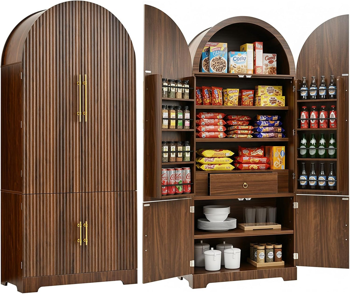 Merax 72" Tall Arched Cabinet Kitchen Pantry with 4 Doors, Fluted Storage Cabinets with 3 Adjustable Shelves & 1 Hidden Drawer & 8 Door Shelves, Versatile Cupboard for Kitchen, Dining Room, Brown