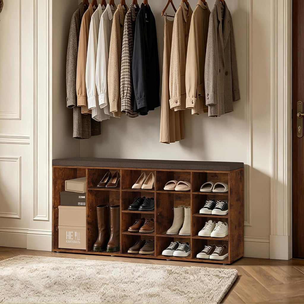 DINZI LVJ Shoe Storage Bench, 20-Cubby Shoe Rack Bench with Cushion, Fully Adjustable Shelves, Shoe Organizer for Closet, Entryway, Mudroom, Hallway and Garage, Rustic Brown