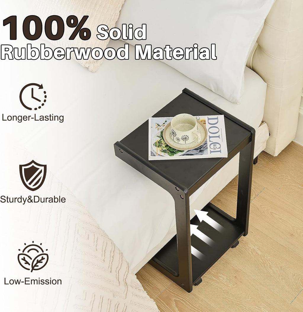 Uniclinens Rolling Side Table for Sofa - C Shape Couch End Table with Wheels, Mobile Wooden Slim Sofa Tray, Movable Small Couch Desk for Living Room Bedroom, Black
