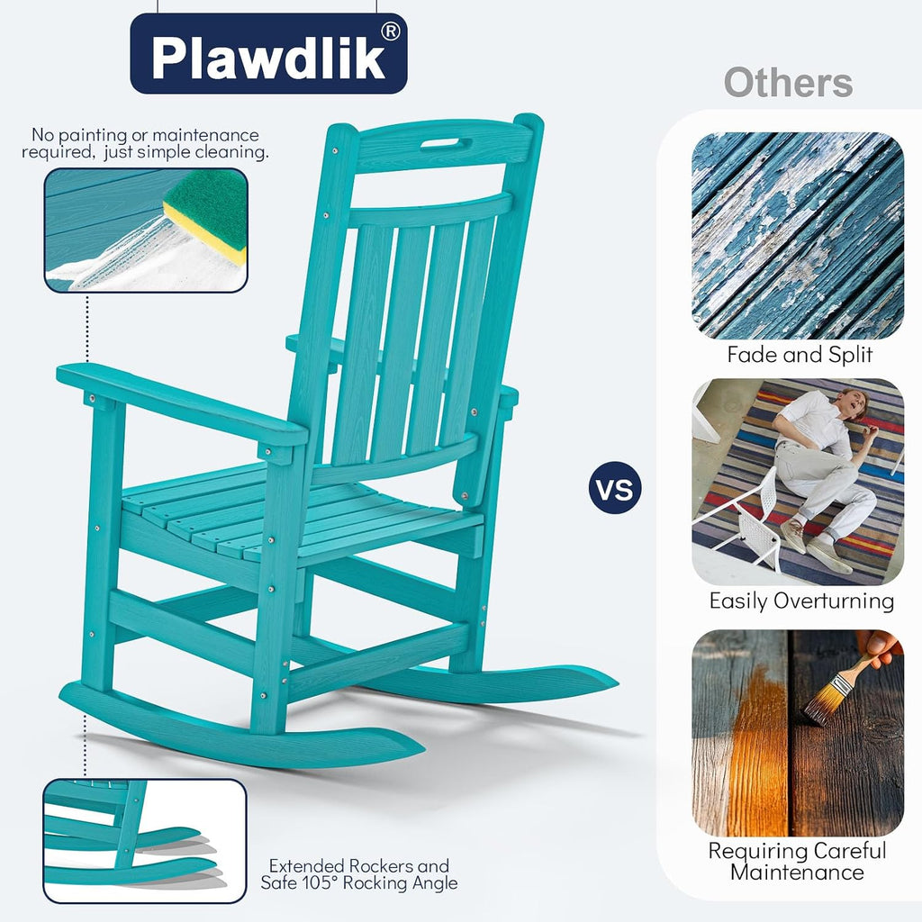 Plawdlik Oversized HDPE Outdoor Rocking Chair Set of 2, All-Weather, Aruba | Heavy Duty Patio Rockers with High Back, Extra Large & Extra Wide, Supports up to 380lbs, Perfect for Porch, Lawn, Garden