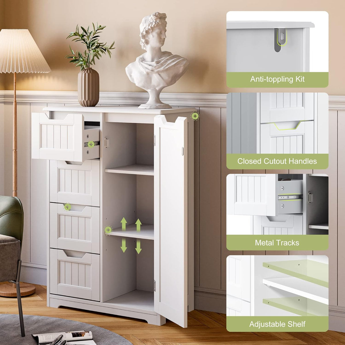 Gizoon Small Pantry with Door and Shelves, 33'' Kitchen Pantry Storage Cabinet Freestanding Samll Coffee Bar Cabinet with 4 Drawers for Kitchen and Dining Room, White, Painted