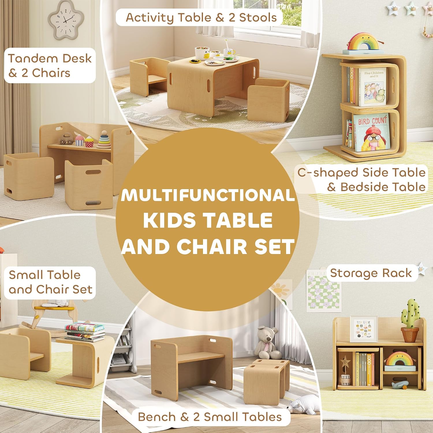 Qaba Kids Table and Chair Set, Adjustable Height Toddler Learning Desk | Natural Finish Children Furniture Set for Ages 3-8 with Adjustable Play and Study Space
