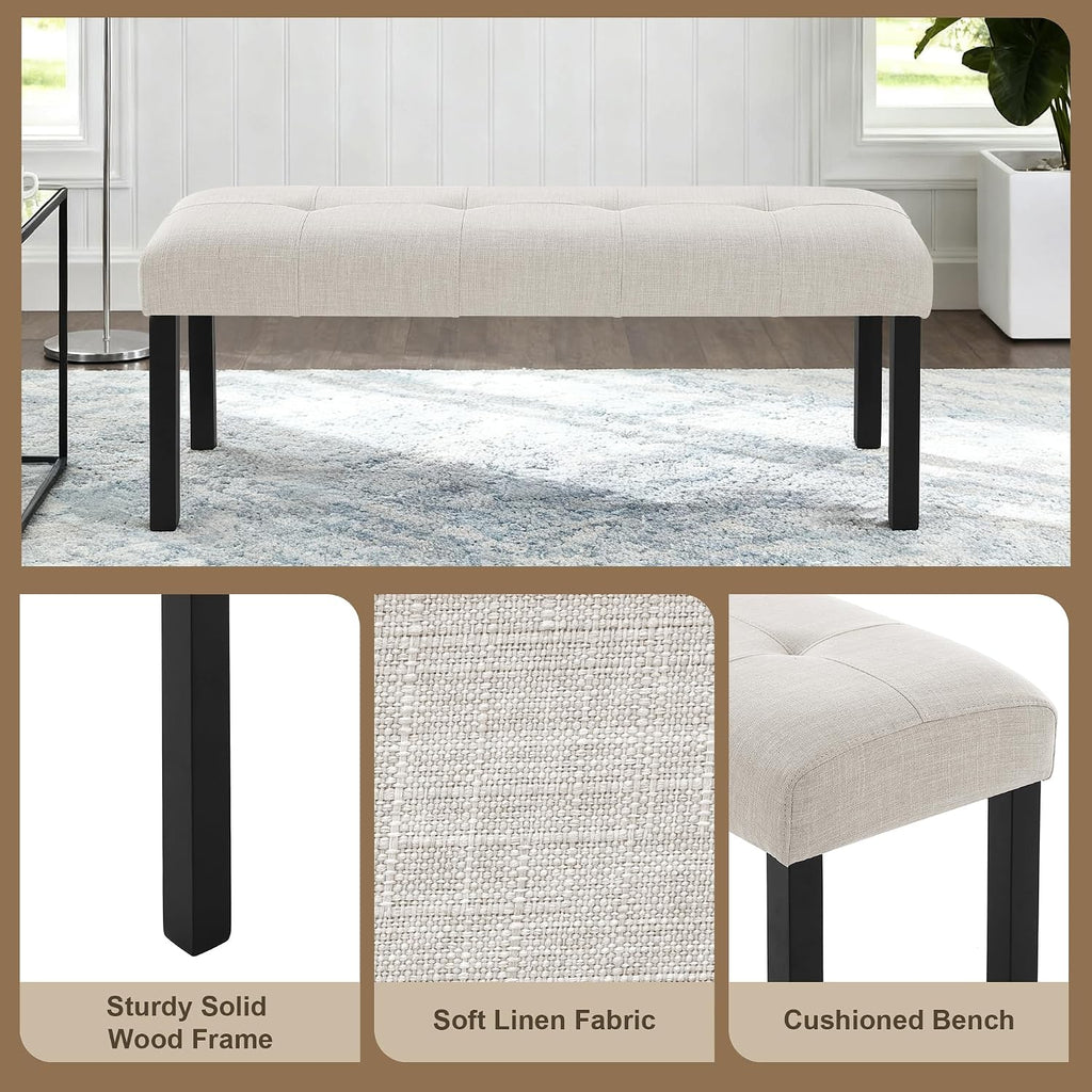Dining Bench, Rubber Wood Dining Room Bench with Linen Upholstered Seat, for Kitchen, Living Room, Hallway, Kitchen, Entryway, Beige