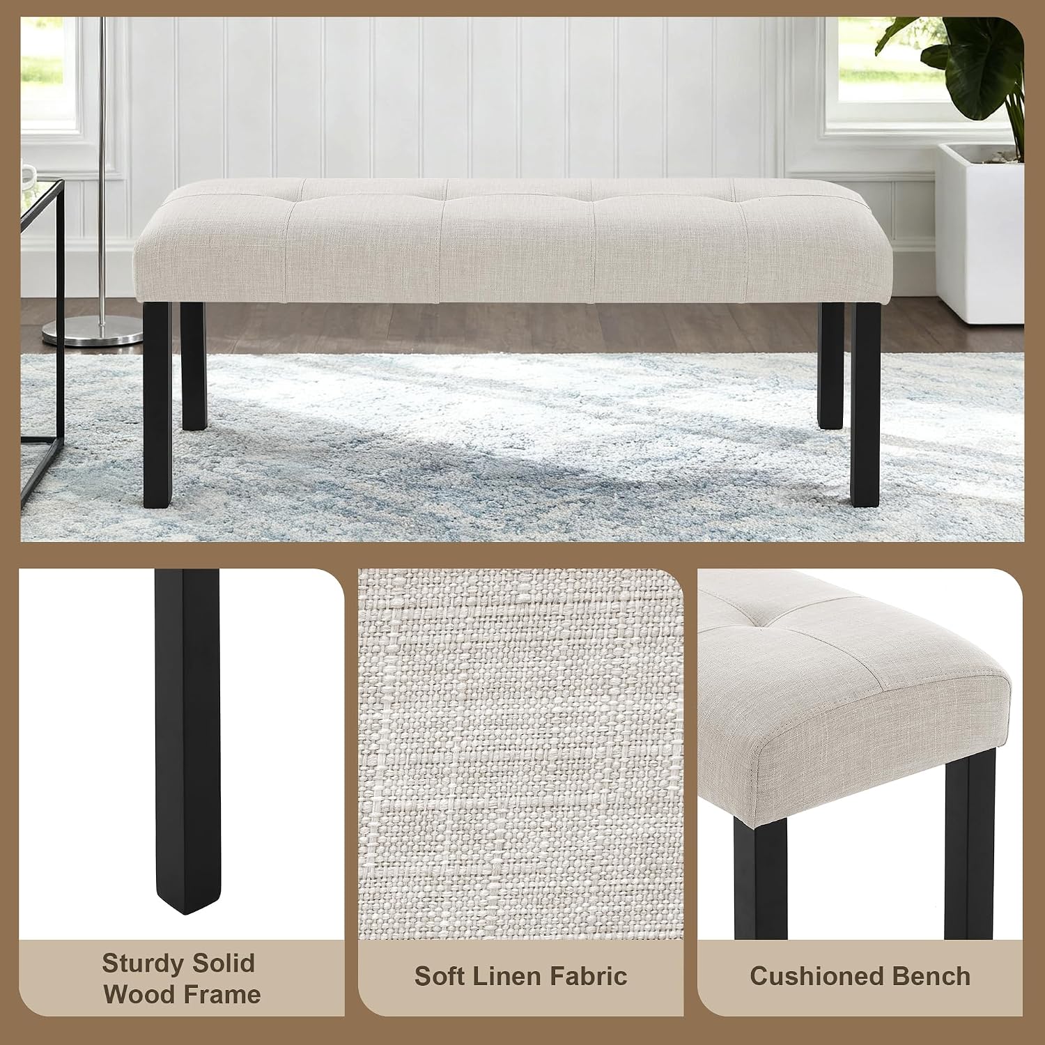 Dining Bench, Rubber Wood Dining Room Bench with Linen Upholstered Seat, for Kitchen, Living Room, Hallway, Kitchen, Entryway, Beige