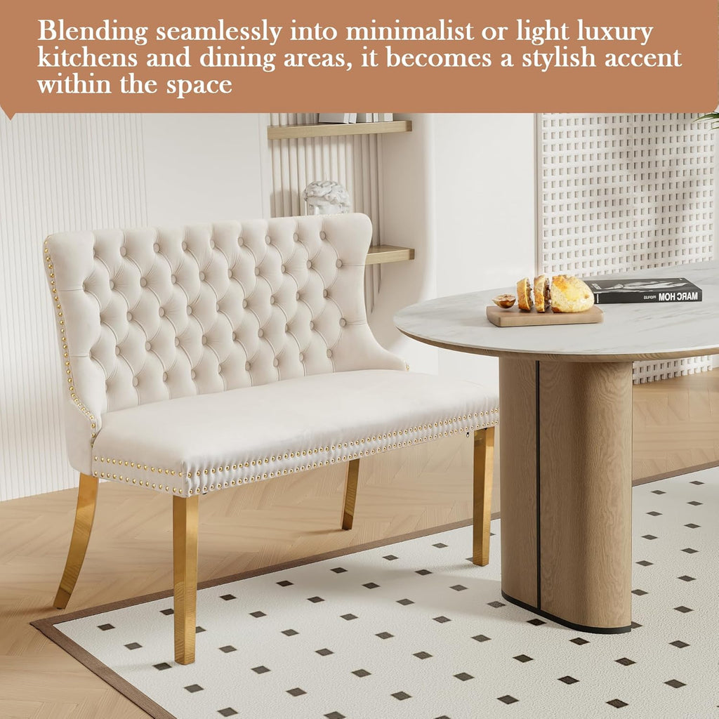 Velvet Double Upholstered Dining Bench with Wing Back, Small Loveseat Sofa Couch, Tufted Upholstered 2-Seat Design, Glod Stainless Steel Legs, for Dining Room, Kitchen, or Entryway, Beige