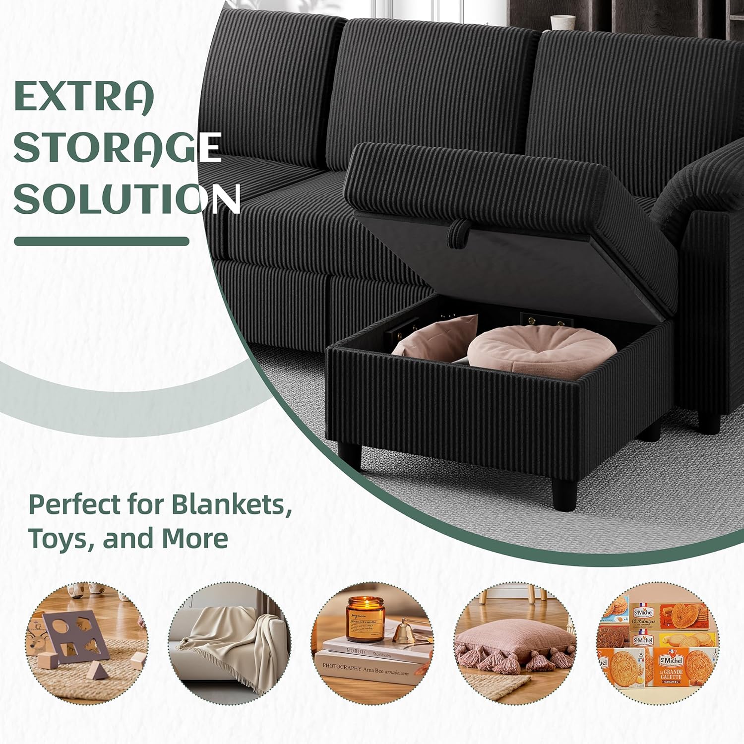 Vongrasig Convertible Sectional Couches, 3 Seat L Shaped Couch Sofa with Removable Pillows Soft Corduroy Fabric Small Couch Mid Century for Living Room, Apartment and Office (Black)