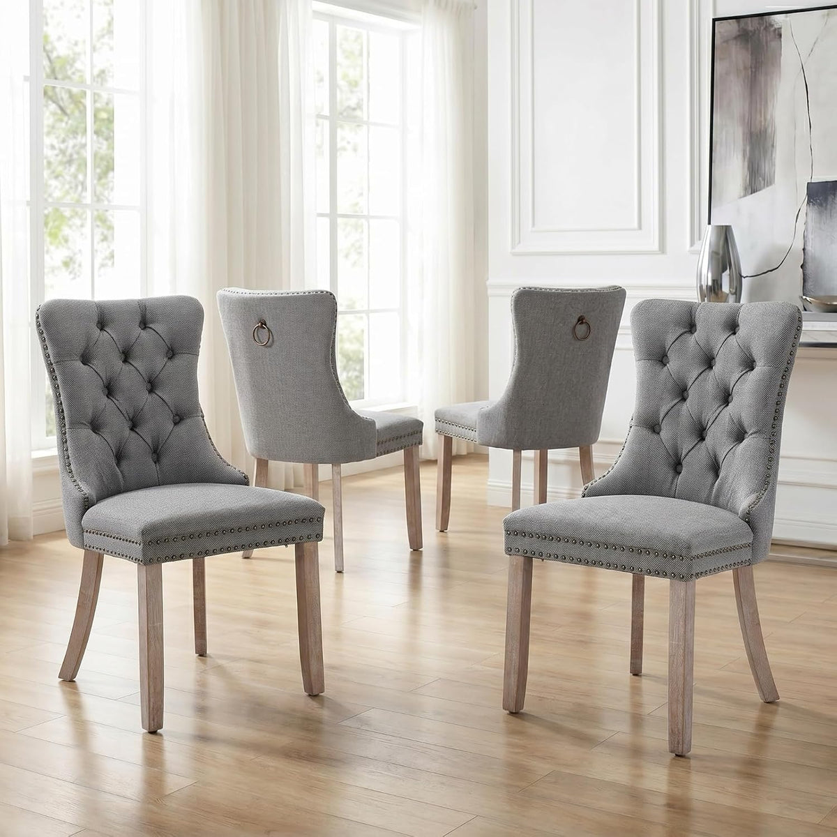 Grey Mid Century Modern Dining Chairs Set of 4, Linen Upholstered Kitchen & Dining Room Chairs with Nailhead Trim & Solid Wood Legs, Elegant Sillas De Comedor (Grey, 4 Pcs)