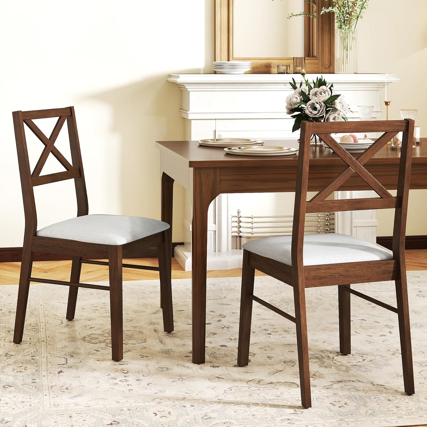 GOFLAME Dining Chairs Set of 4, Upholstered Kitchen Side Chairs with Rubber Wood Frame, Padded Seat, Cross Back, Farmhouse Armless Dinette Chairs for Dining Room, Living Room, Brown & White
