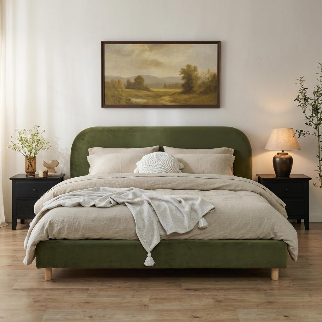 Virubi California King Size Upholstered Bed Frame with Curve Shaped Headboard, Modern Upholstered Platform Bed with Solid Wood Legs, Easy Assembly (California King,Olive Green)