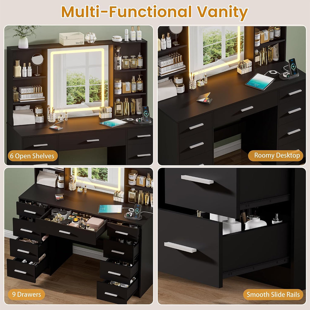 Black Vanity Desk with Mirror and Lights,Makeup Vanity with 9 Drawers, 6 Shelves & Power Outlet,Touch Screen Mirror Dressing Vanity Table, 3 Color Adjustable, Girls Vanity, Bedroom
