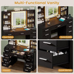 Black Vanity Desk with Mirror and Lights,Makeup Vanity with 9 Drawers, 6 Shelves & Power Outlet,Touch Screen Mirror Dressing Vanity Table, 3 Color Adjustable, Girls Vanity, Bedroom