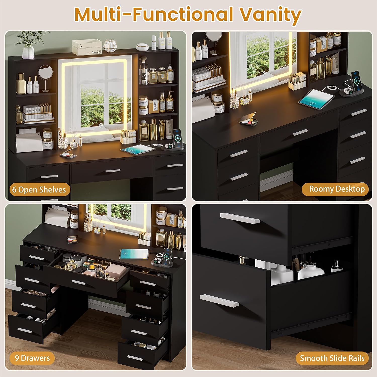 Black Vanity Desk with Mirror and Lights,Makeup Vanity with 9 Drawers, 6 Shelves & Power Outlet,Touch Screen Mirror Dressing Vanity Table, 3 Color Adjustable, Girls Vanity, Bedroom