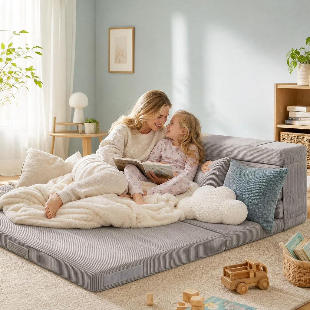 Tri-Fold Futon Mattress, Foldable Japanese Floor Sleep Mattress, High-Density Foam Tatami Bed Mat with Corduroy Cover, Floor Bed Mat for Couples, Guest Use (Charcoal Gray,Queen)