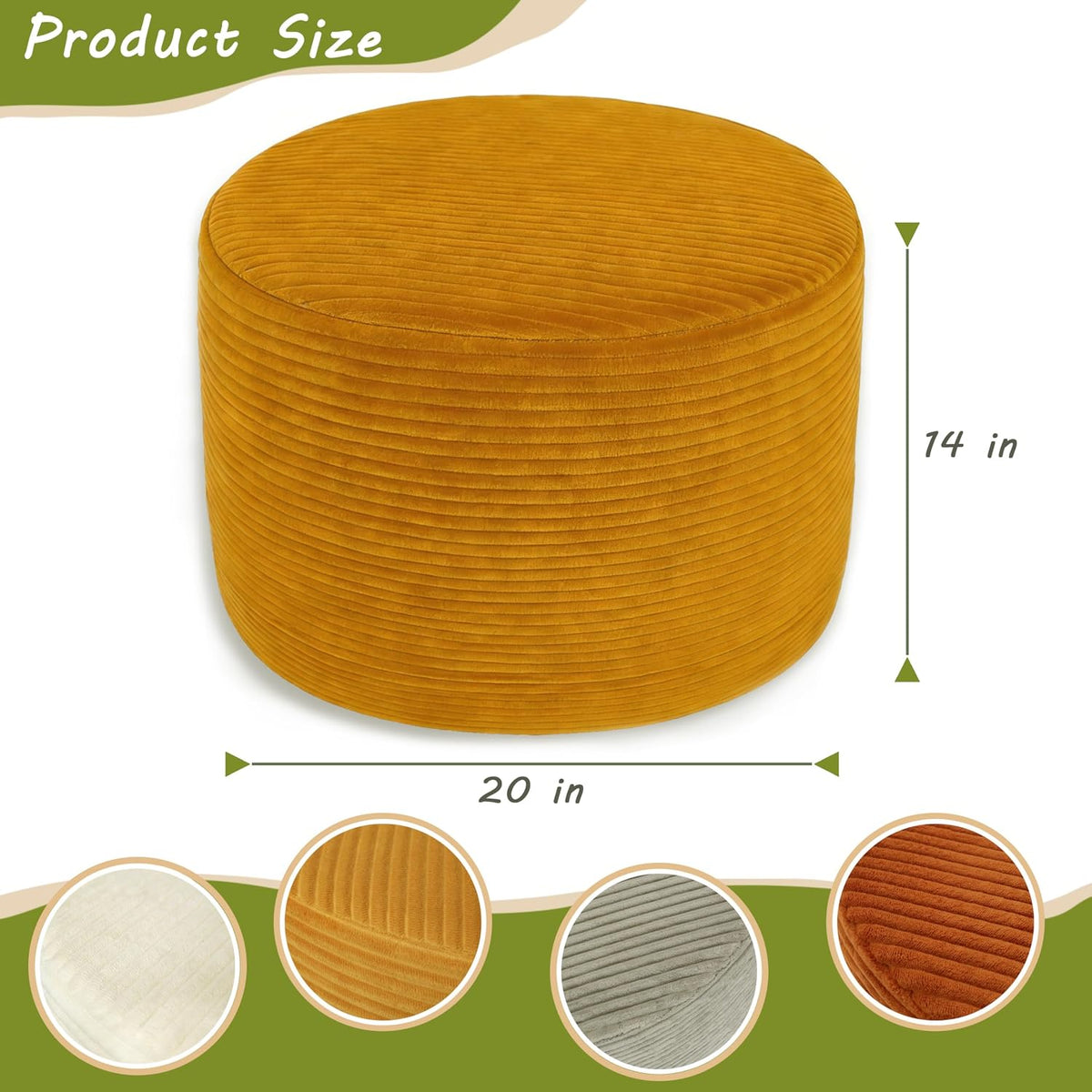 Thgonwid Round Ottoman Pouf, Plush Corduroy Foot Stool with High-Density Memory Foam, 3-in-1 Footrest Extra Seating Side Table for Living Room Bedroom Home Decor, 20 x 14 Inch, Gold Yellow