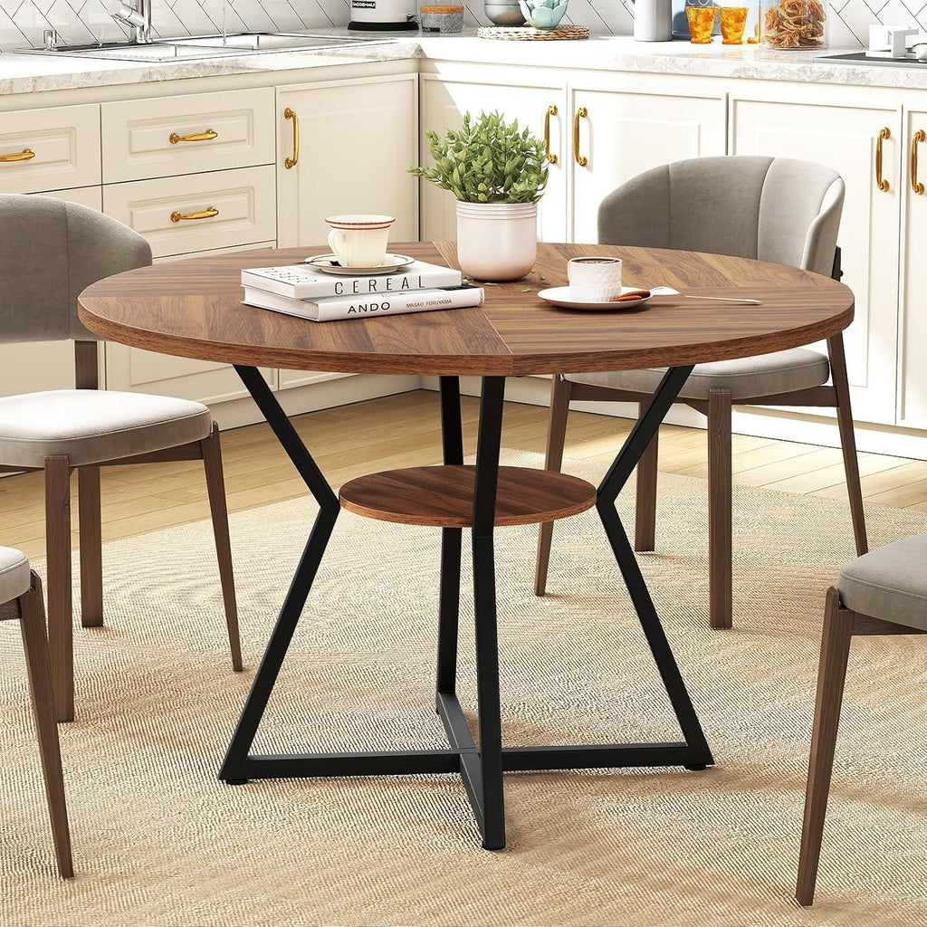 Giantex 47-inches Round Dining Table for 4, Kitchen Table with Storage Shelf, Wood Grain Tabletop, X-Shaped Metal Base, Adjustable Foot Pads, Circle Dinner Tables for Dinette, Living Room