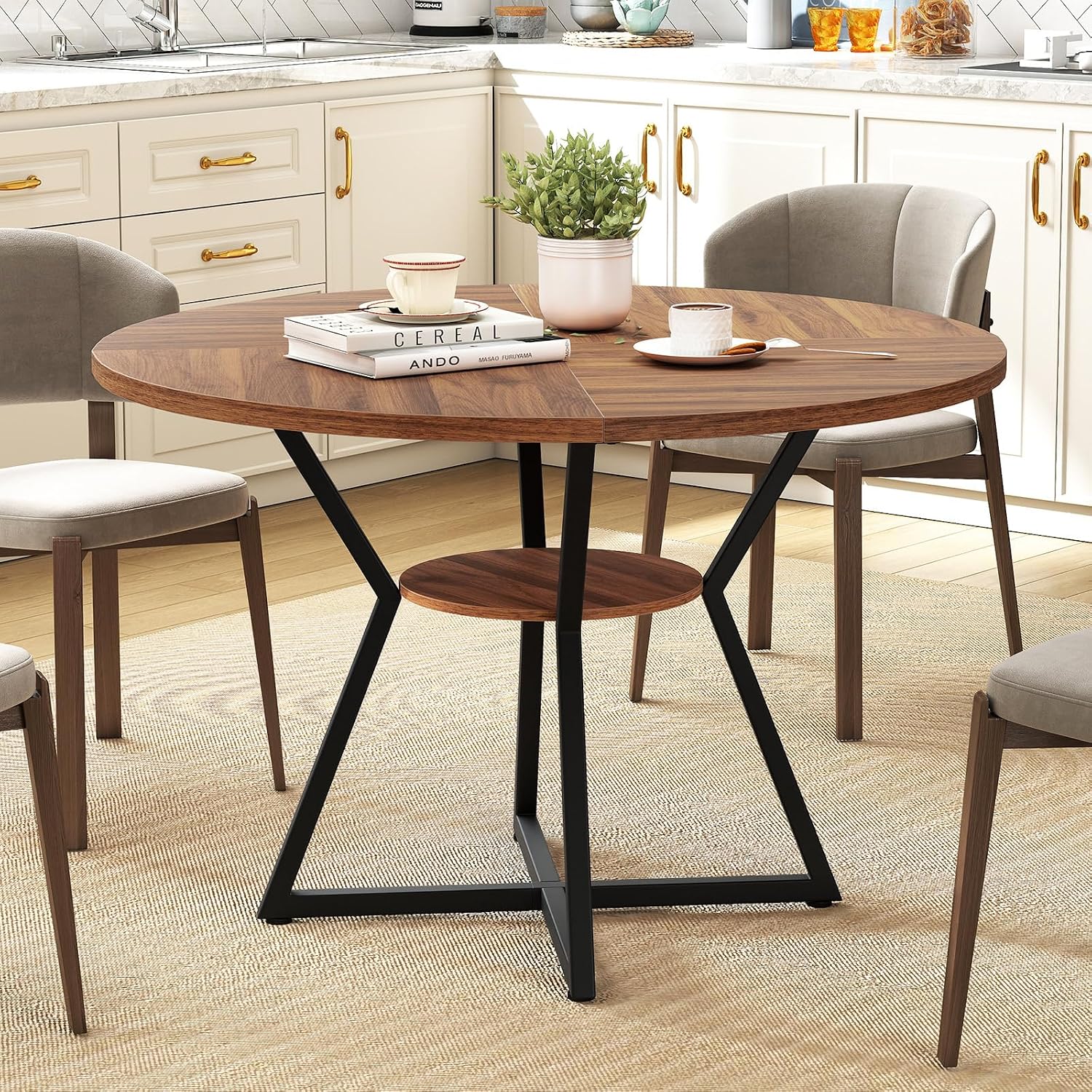 Giantex 47-inches Round Dining Table for 4, Kitchen Table with Storage Shelf, Wood Grain Tabletop, X-Shaped Metal Base, Adjustable Foot Pads, Circle Dinner Tables for Dinette, Living Room