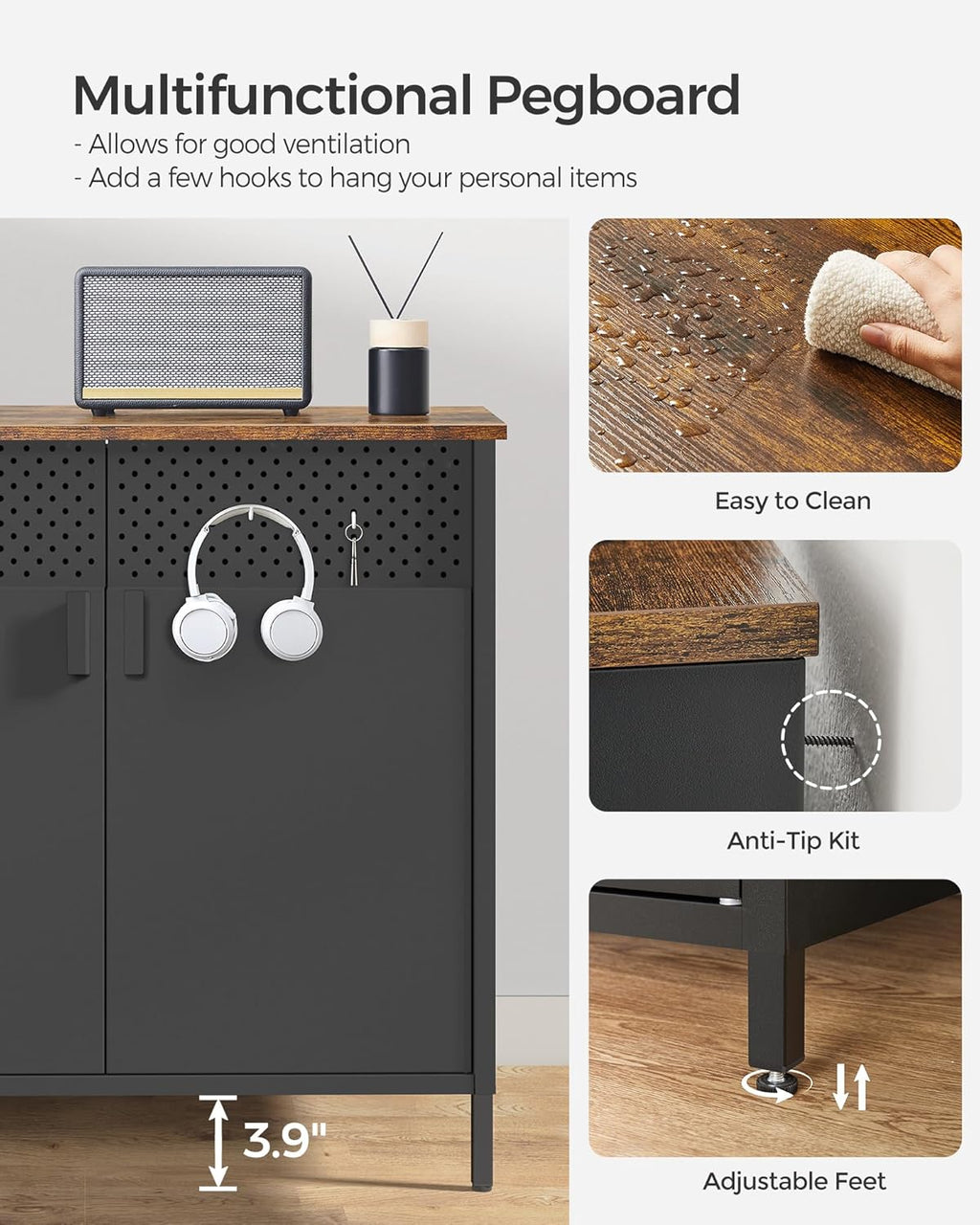 SONGMICS Storage Cabinet, Metal Cabinet, Sideboard with 2 Doors, 15.7 x 31.5 x 29.9 Inches, Magnetic Closure, Adjustable Shelf, Steel Frame, Rustic Brown and Black ULSC102B01