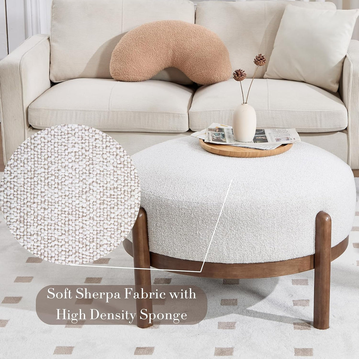 Ya-Home Modern Ottoman, Soft Sherpa Fabric Footrest Bench with Solid Wooden Legs Single Seat for Living Room Bedroom, Beige