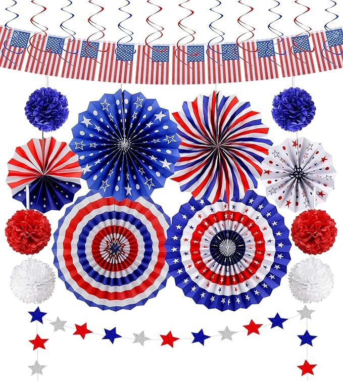 26Pcs 4th of July Decorations Patriotic Decor USA Flag String Red White Blue Paper Fans Star Streamer Pom Poms Hanging Swirls for Memorial Day,Fourth of July,Armed Forces Day,Flag Day