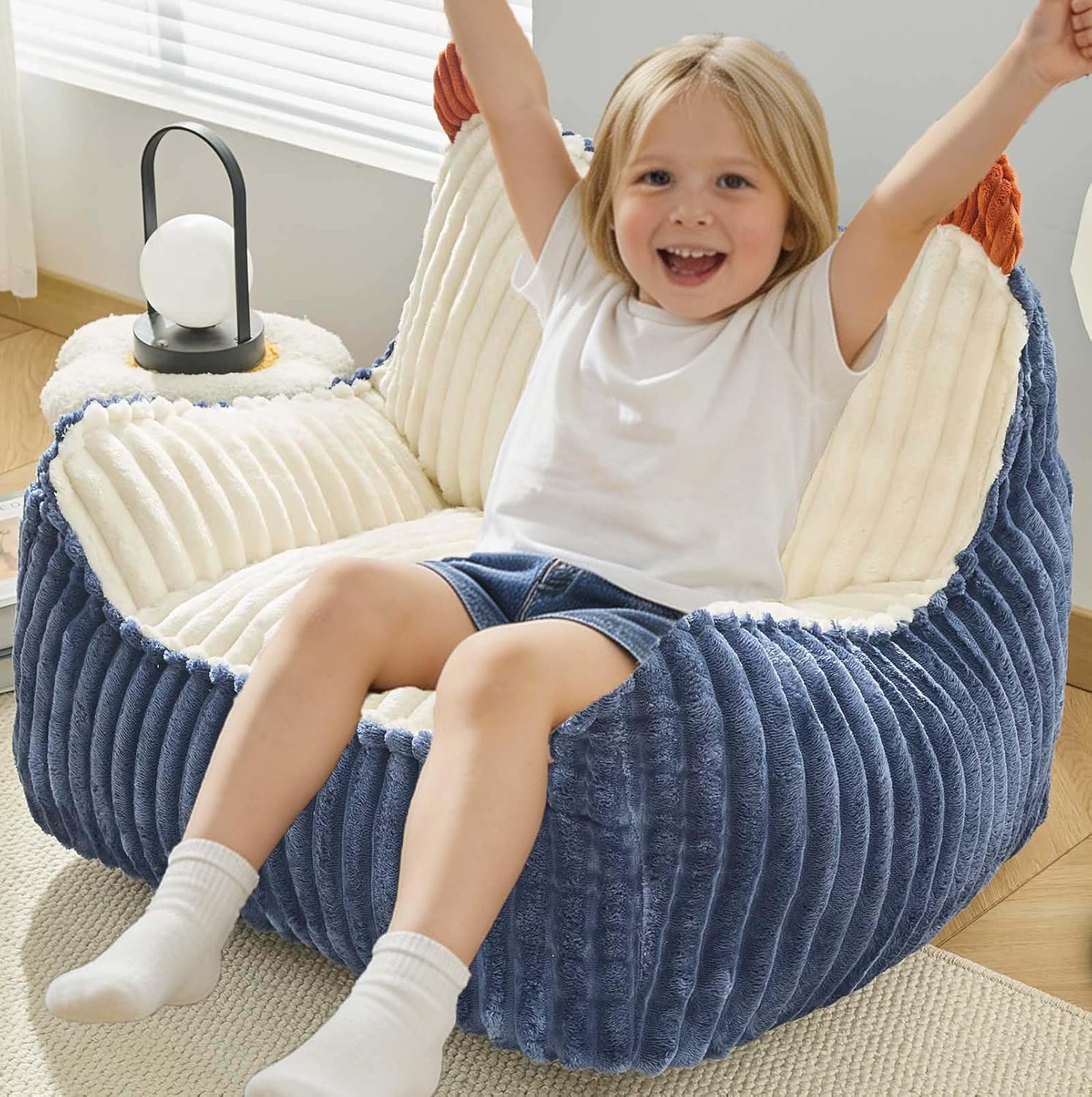 Kisoy Bean Bag Chair, Bean Bag Sofa with Memory Foam Filler for Boys and Girls Soft Faux Fur Fabric Floor Chair for Gaming, Reading Relaxing,Blue