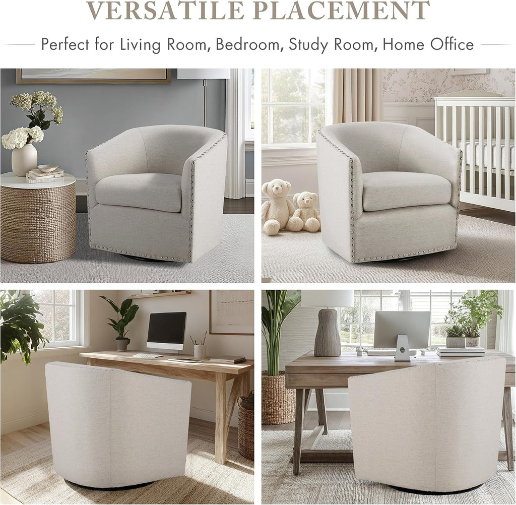 Madison Park Swivel Barrel Accent Chair, Upholstered Curved Back with 7-Inch Thick Woven Cushion, 360° Swivel, Nailhead Trim, Comfy Chair for Living Room, Bedroom, Office, 28" Wide, Neutral, Tyler