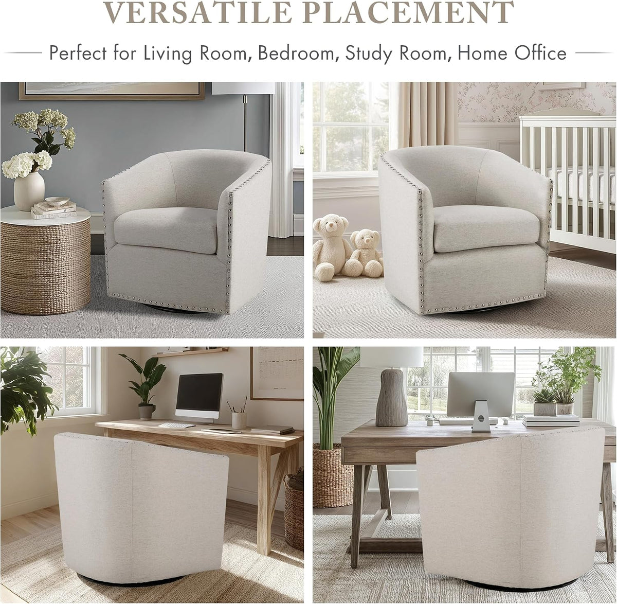 Madison Park Swivel Barrel Accent Chair, Upholstered Curved Back with 7-Inch Thick Woven Cushion, 360° Swivel, Nailhead Trim, Comfy Chair for Living Room, Bedroom, Office, 28" Wide, Neutral, Tyler