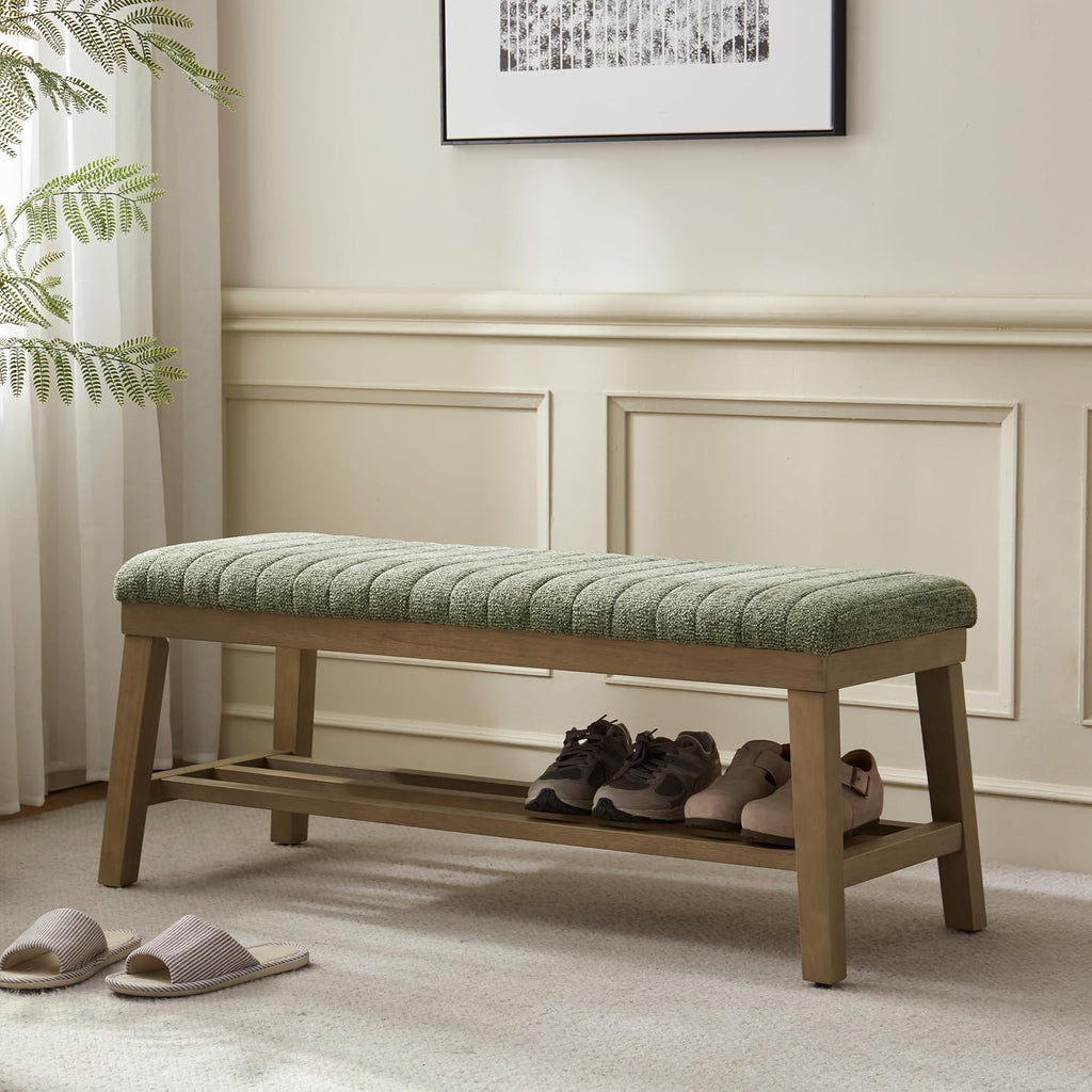 VKNOW Entryway Bench, Storage Shoe Bench with Rubberwood Legs, Green | Shoe Rack Bench with Cushion, Soft Chenille Fabric, Stripe Design, Bench With Shoe Storage for Hallway, Bedroom