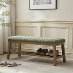 VKNOW Entryway Bench, Storage Shoe Bench with Rubberwood Legs, Green | Shoe Rack Bench with Cushion, Soft Chenille Fabric, Stripe Design, Bench With Shoe Storage for Hallway, Bedroom
