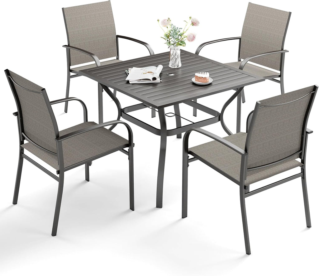SUNSHINE VALLEY 5 Piece Patio Dining Set for 4, 37”x37” Square Table with Umbrella Hole, 4 Metal Brown Chairs, Outdoor Table and Chairs Set for Lawn Backyard and Deck