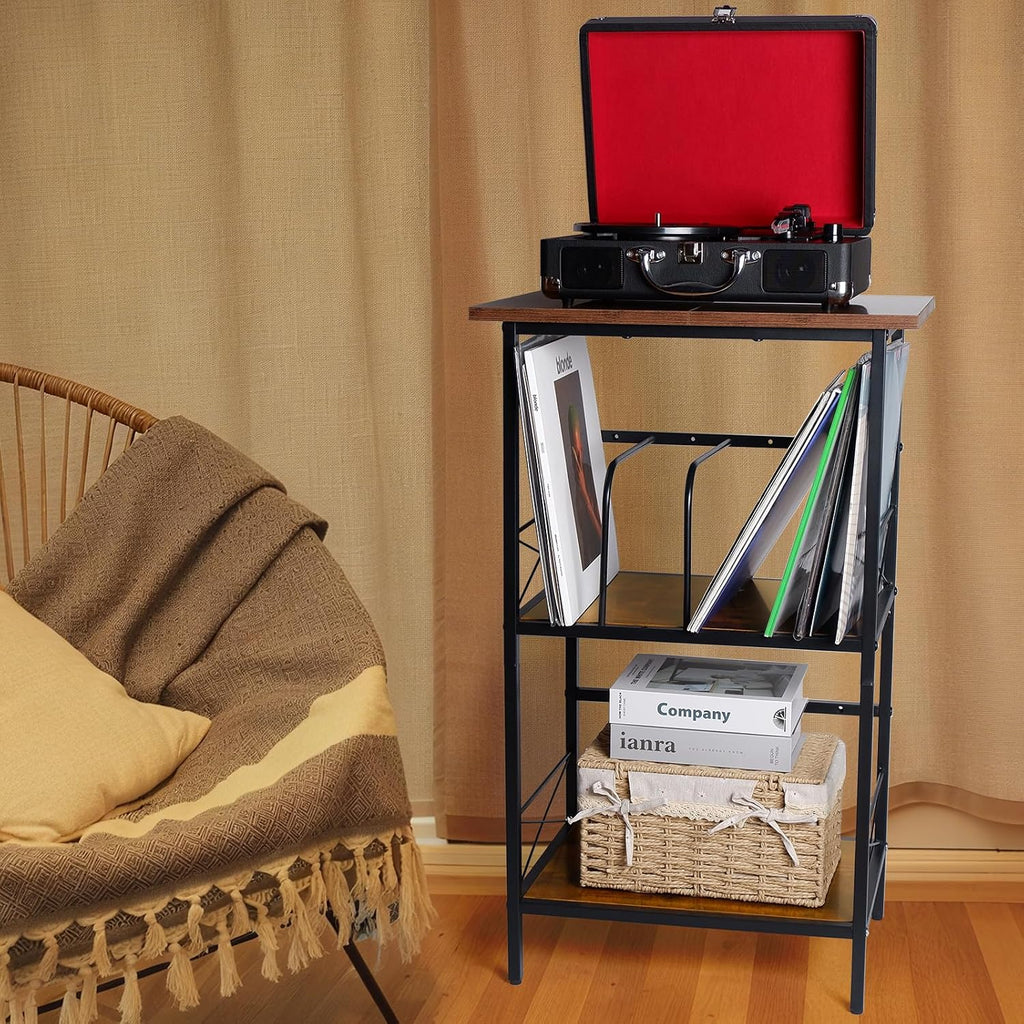 Record Player Stand with 4 Adjustable Dividers, Vinyl Record Storage Holds 200 LPs, 3 Layer End Table, Multi-Functional Record Player Table for Home, Rustic Brown